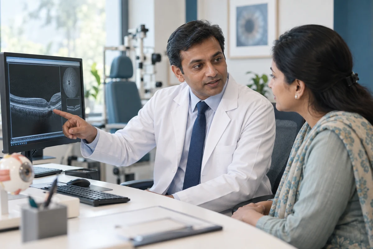 Illustrative consultation: an ophthalmologist explaining an eye scan