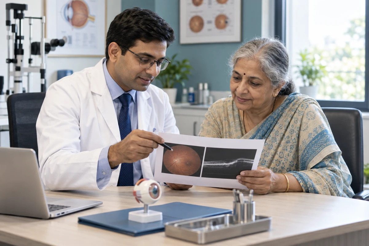 Illustrative follow-up: an ophthalmologist reviewing a report with a patient